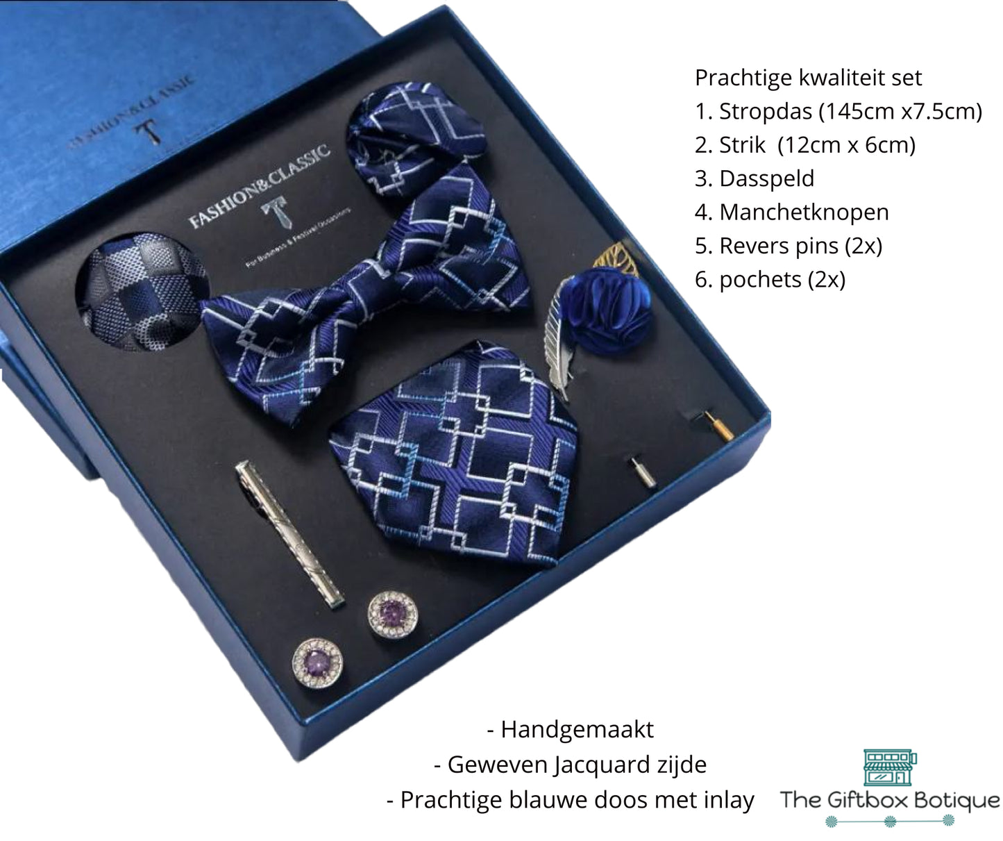 Luxe 8-delige Blauw, Witte Pak Accessoires Set - met Stropdas, Strik, Dasspeld, Manchetknopen, en Meer - Zijde & Jacquard Geweven - Met Zilveren Glinstertjes - Handgemaakt - Inclusief Pochets - Prachtige Blauwe geschenkdoos