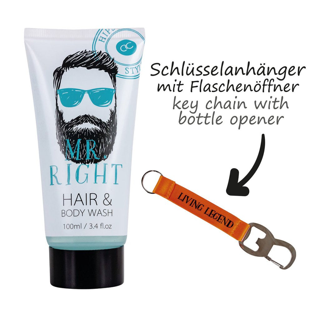 HIPSTER STYLE Badset - Hair & Body Wash, Sleutelhanger met Flesopener - Oak & Citrus Geur - Wit/Oranje/Blauw"
