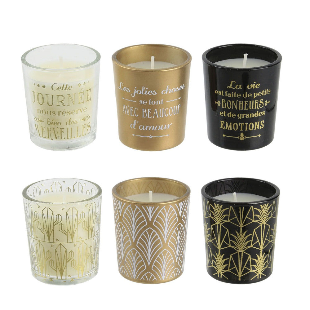 Unieke heerlijke Geurkaarsenset in Cadeauverpakking - Vanillegeur - 6 Geïllustreerde Glazen Potjes - Art Deco Stijl"