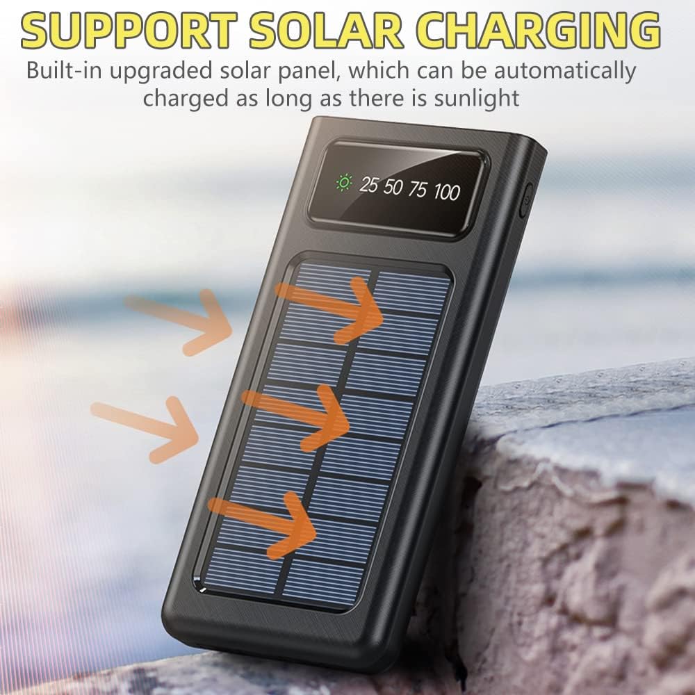 Solar Powerbank 20.000 mAh, powerbank op zonne-energie, snel opladen, mobiele outdoor, draagbare oplader met 4 USB-poorten en zaklamp, mobiele telefoon, compatibel met iPhone, Samsung, Huawei, iPad tablets