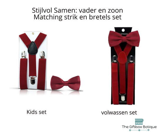 "Vader en zoon matching bretel en strik sets in diep donkerrood. Stijlvolle accessoires voor speciale gelegenheden en kostbare momenten samen."