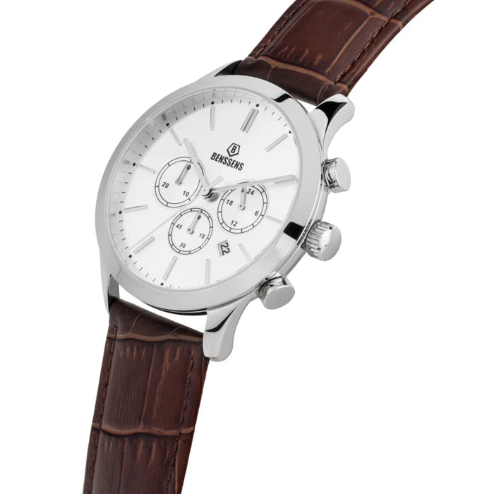 Monaco Brown Herenhorloge Quartz Chronograaf, Saffierglas, Echt Leder - Luxe Stijl, Waterdicht 5 ATM, Geschikt voor Elke Gelegenheid