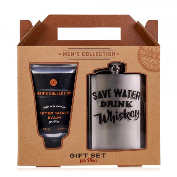 Ultieme Verzorging en Genot Geschenkset - Aftershavebalsem, Roestvrijstalen Heupfles - Berken & Ceder Geur - Kraftpapieren Geschenkdoos - Bruin"