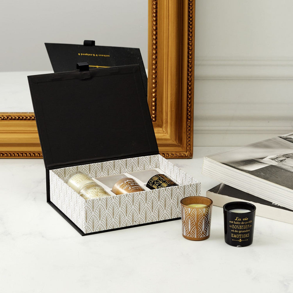 Unieke heerlijke Geurkaarsenset in Cadeauverpakking - Vanillegeur - 6 Geïllustreerde Glazen Potjes - Art Deco Stijl"