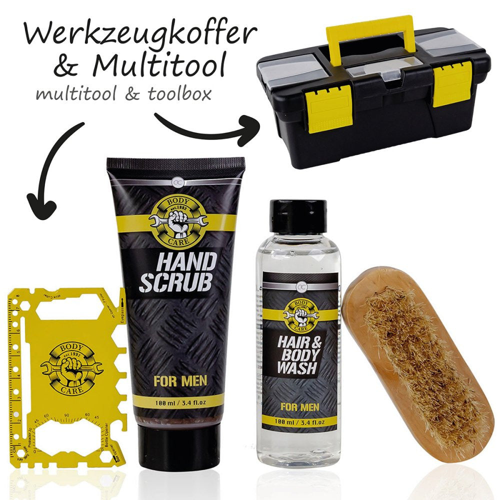 Stoere Bad en douche set in Gereedschapskoffer - Verzorgingsproducten voor echte Mannen - Hair & Body Wash, Hand Scrub, Houten Nagelborstel, Multitool - Musk Geur - Zwart/Geel/Grijs