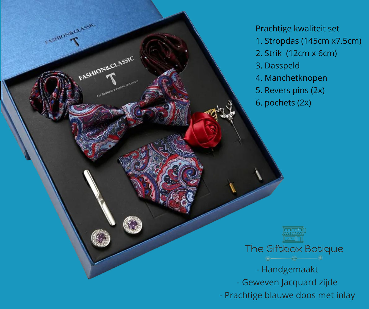 "8-Delige Luxe Stropdas Accessoires Set - Vlinderstrik, Stropdassen & Meer in Blauw, Rood en Paars - Mooi Jacquard Geweven Dessin - Inclusief Geschenkdoos"