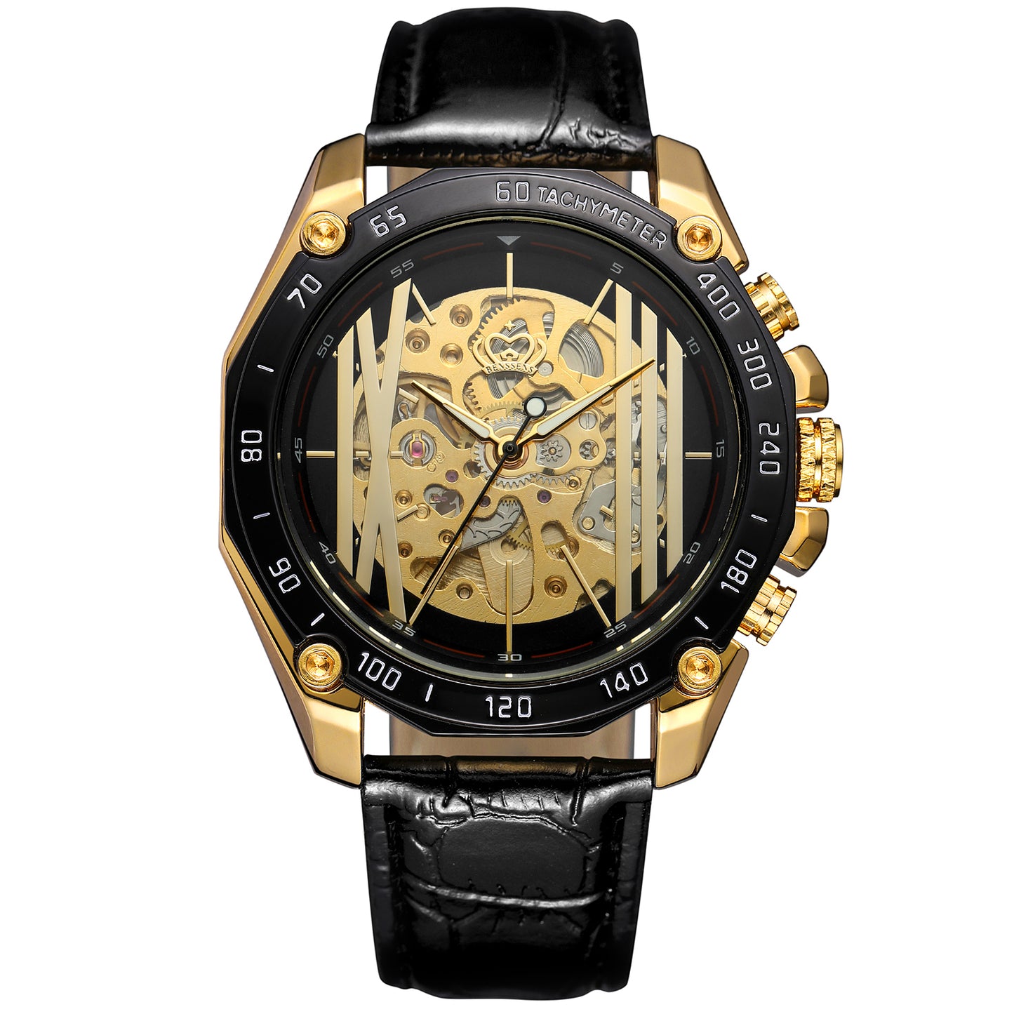 Heren Skeleton Opwind Horloge Skeleton Benssens Goudkleurig Stainless Steel Met leren band en Gesp sluiting