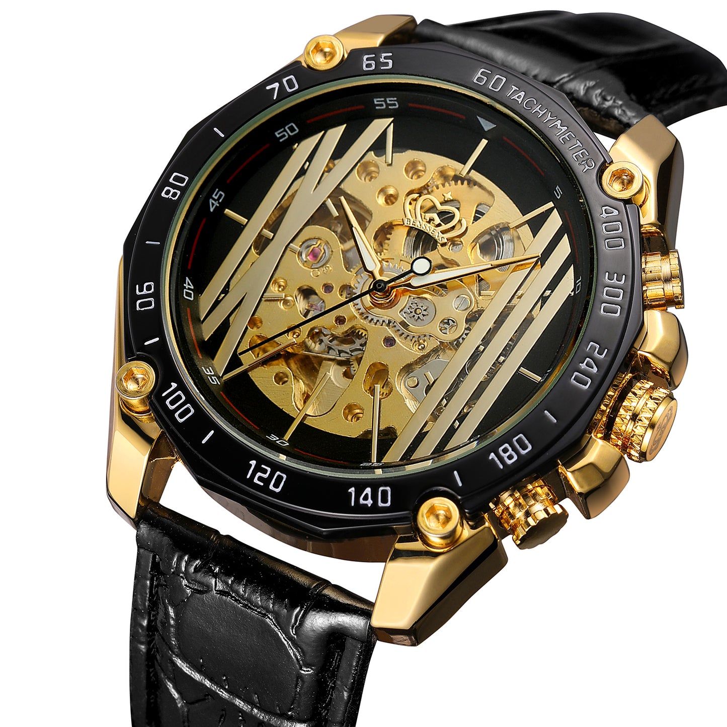 Heren Skeleton Opwind Horloge Skeleton Benssens Goudkleurig Stainless Steel Met leren band en Gesp sluiting