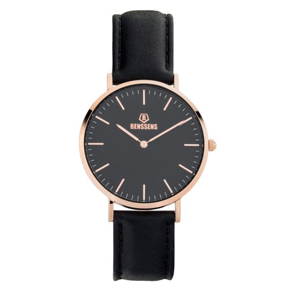 Luxe Dames Pols Horloge Benssens Analoog Rosé Zwart met Leren Band