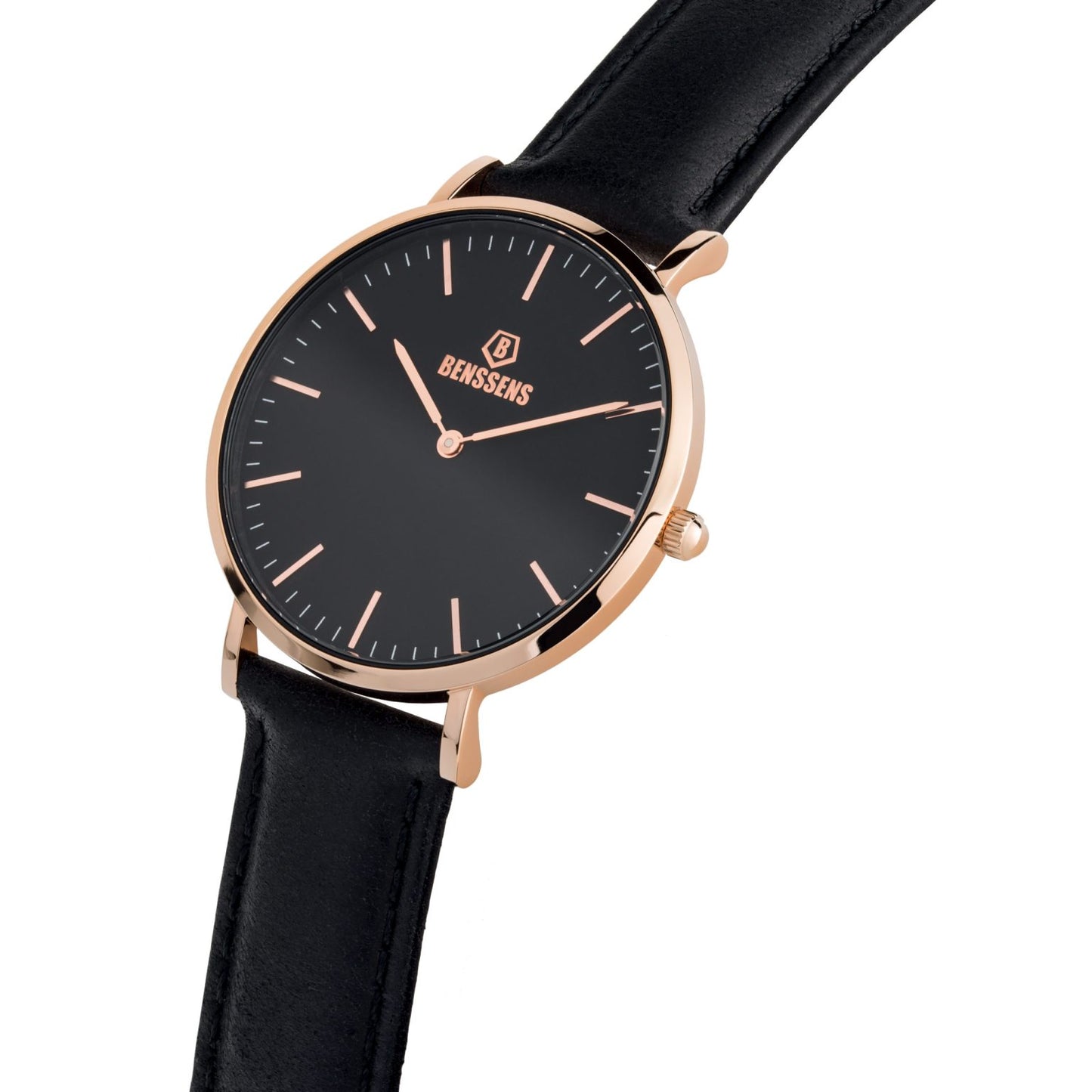 Luxe Dames Pols Horloge Benssens Analoog Rosé Zwart met Leren Band