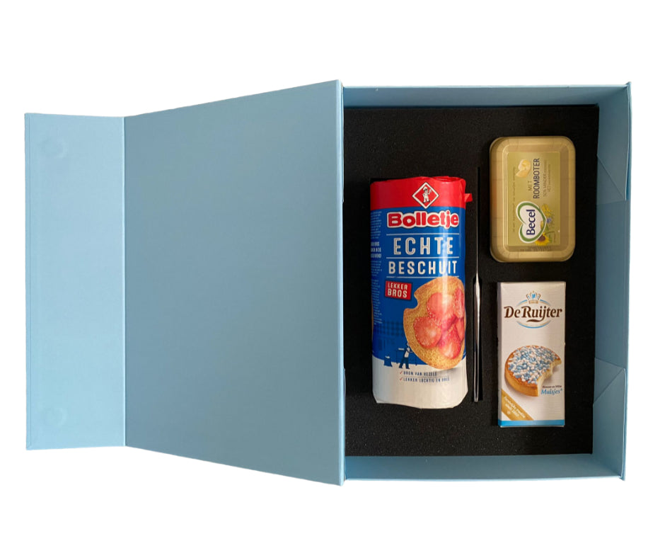 Geboorte Geschenkset Baby Jongen Blauw - Beschuit met Echte Boter, Blauwe Muisjes en Boterhammes - Uniek Kraamcadeau voor Jongens