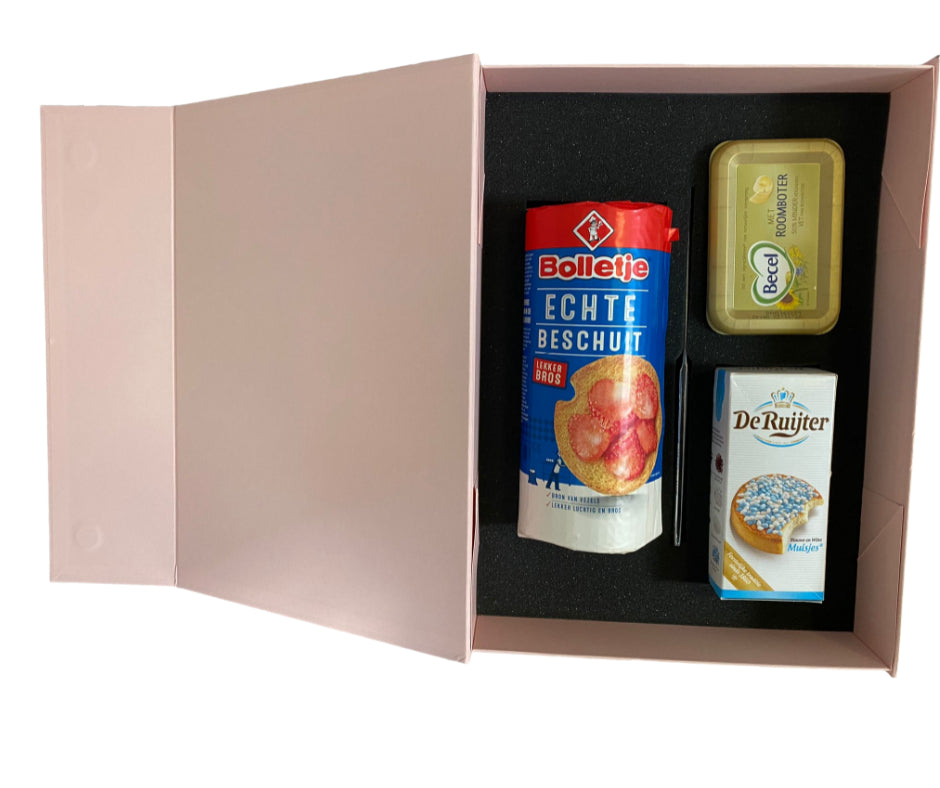 Geboorte Geschenkset Baby Meisje Roze - Beschuit met Echte Boter, Roze Muisjes en Boterhammes - Uniek Kraamcadeau voor Meisjes