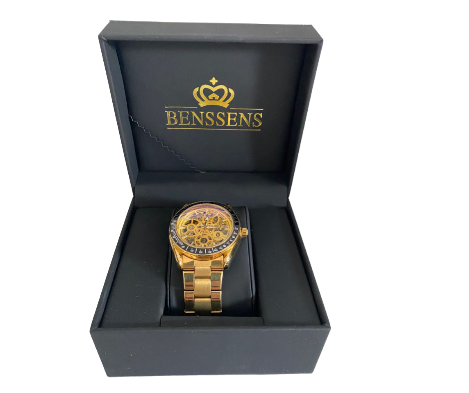 Luxe Heren Horloge Benssens goudkleurig Stainless Steel opwindbaar Skeleton met Glow in the dark wijzers in een prachtige geschenkdoosFlorence