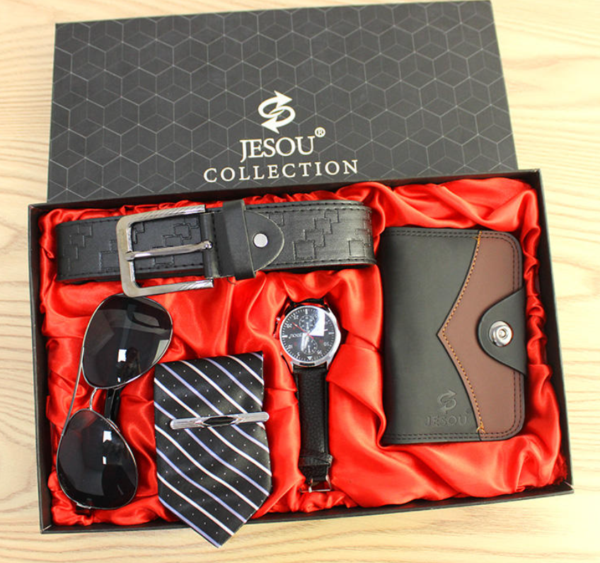 Heren Geschenkset luxe 12-delig met o.a. Zonnebril Portemonne en Stropdas kleur Zwart in Geschenkverpakking