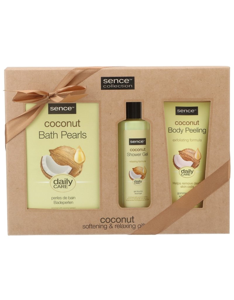 Dames Verzorging Geschenkset 3 Delig met Sence Badparels Lichaamspeeling en Douchegel Geur Coconut in Geschenkverpakking