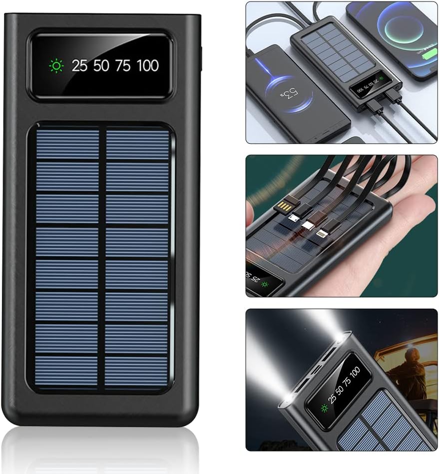 Solar Powerbank 20.000 mAh, powerbank op zonne-energie, snel opladen, mobiele outdoor, draagbare oplader met 4 USB-poorten en zaklamp, mobiele telefoon, compatibel met iPhone, Samsung, Huawei, iPad tablets