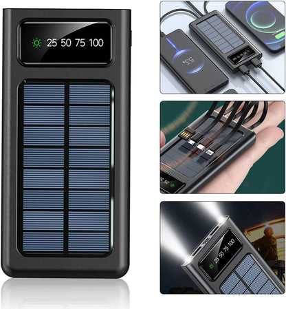 Voor elk noodpakket! Solar Powerbank 20.000 mAh, powerbank op zonne-energie, snel opladen, mobiele outdoor, draagbare oplader met 4 USB-poorten en zaklamp, mobiele telefoon, compatibel met iPhone, Samsung, Huawei, iPad tablets