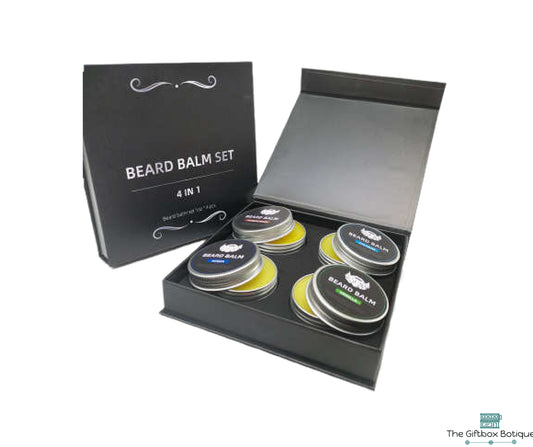 Heren Baard Verzorgingsset in luxe doos met inlay, Complete Baard Balsem set met Sandalwood, Cologne, Acqua en Vanilla Balsems"