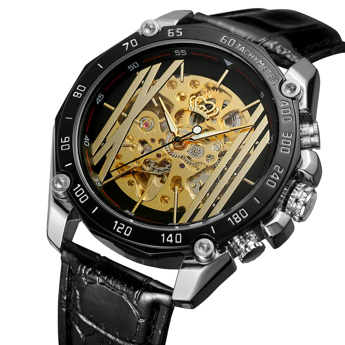 Benssens Heren Skeleton Opwind Horloge zilverkleurig Stainless Steel Met leren band en Gesp sluiting