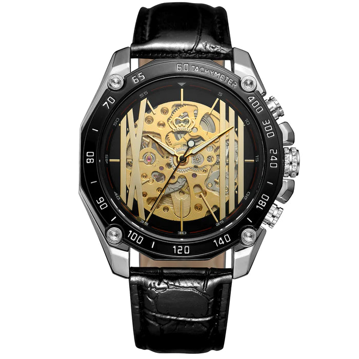 Benssens Heren Skeleton Opwind Horloge zilverkleurig Stainless Steel Met leren band en Gesp sluiting