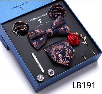 Luxe 8-delige koper blauwe Pak Accessoires Set - met Stropdas, Strik, Dasspeld, Manchetknopen, en Meer - Zijde & Jacquard Geweven design- Handgemaakt - Inclusief Pochets - Prachtige Blauwe geschenkdoos