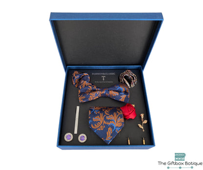 Luxe 8-delige koper blauwe Pak Accessoires Set - met Stropdas, Strik, Dasspeld, Manchetknopen, en Meer - Zijde & Jacquard Geweven design- Handgemaakt - Inclusief Pochets - Prachtige Blauwe geschenkdoos