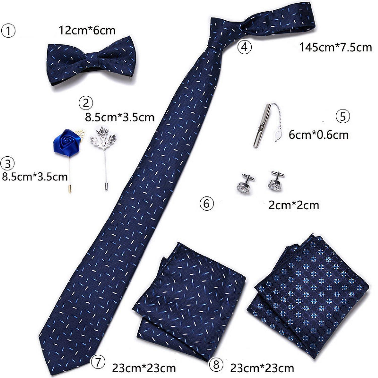 Luxe 8-delige Crèmegele Pak Accessoires Set - met Stropdas, Strik, Dasspeld, Manchetknopen, en Meer - Zijde & Jacquard Geweven, Met Zilveren Glinstertjes, Handgemaakt