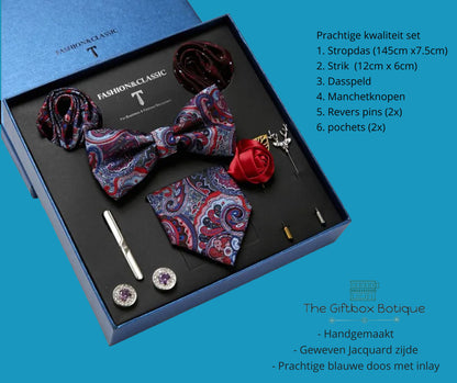 "8-Delige Luxe Stropdas Accessoires Set - Vlinderstrik, Stropdassen & Meer in Blauw, Rood en Paars - Mooi Jacquard Geweven Dessin - Inclusief Geschenkdoos"