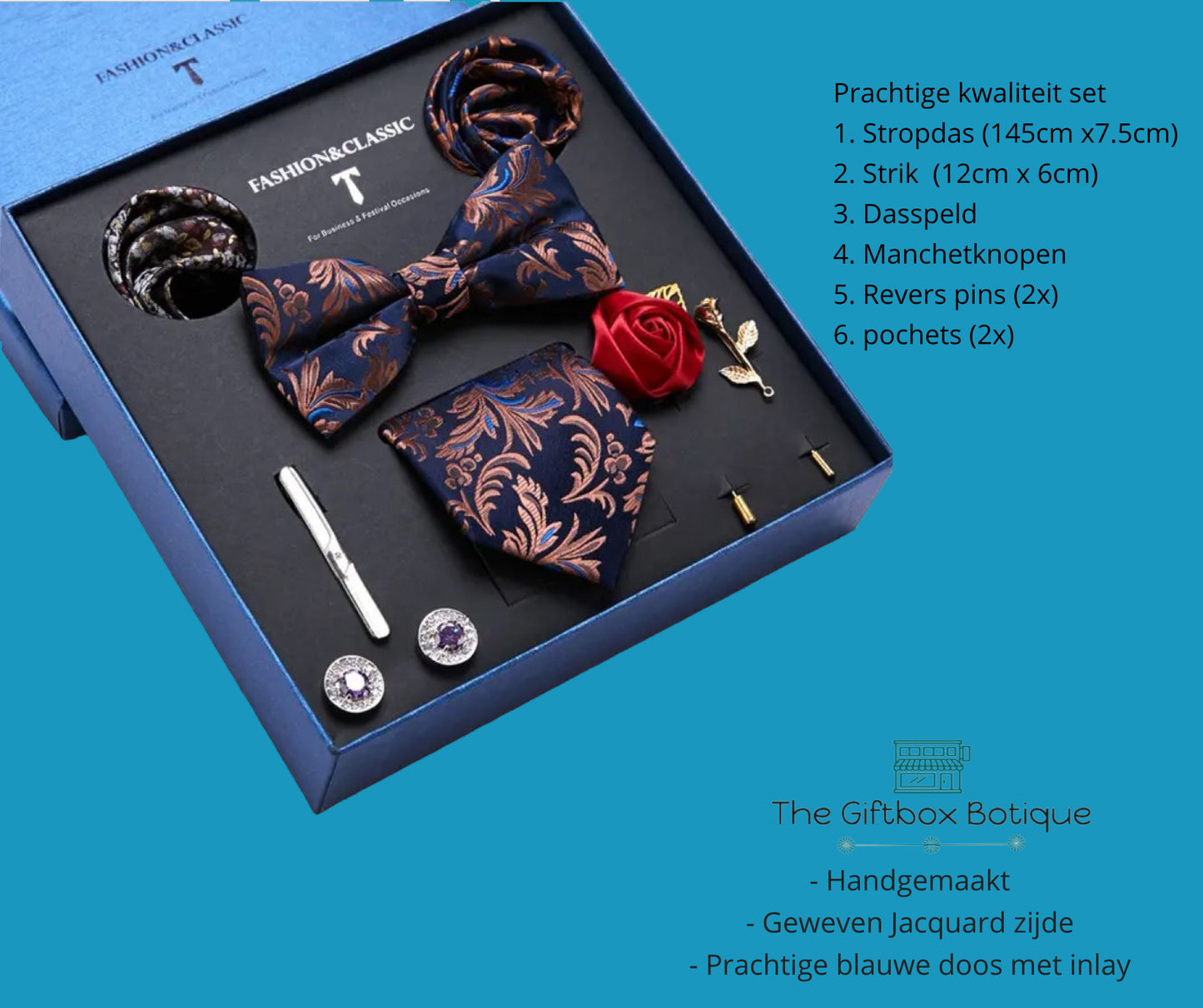 Luxe 8-delige koper blauwe Pak Accessoires Set - met Stropdas, Strik, Dasspeld, Manchetknopen, en Meer - Zijde & Jacquard Geweven design- Handgemaakt - Inclusief Pochets - Prachtige Blauwe geschenkdoos