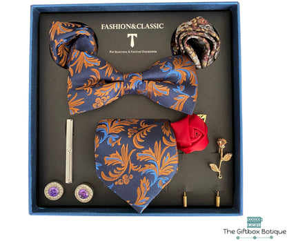Luxe 8-delige koper blauwe Pak Accessoires Set - met Stropdas, Strik, Dasspeld, Manchetknopen, en Meer - Zijde & Jacquard Geweven design- Handgemaakt - Inclusief Pochets - Prachtige Blauwe geschenkdoos