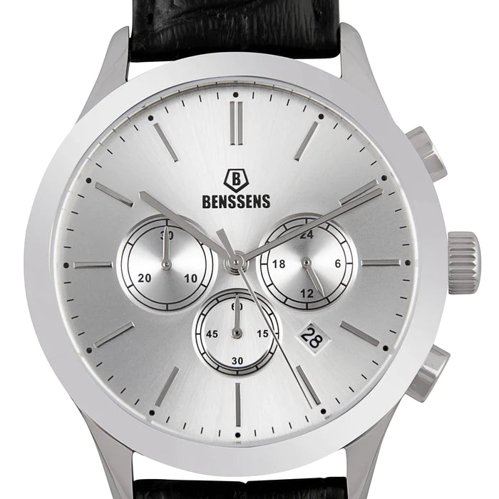 Luxe Heren Quartz Horloge Benssens Monaco Met Datumnotatie Zilverkleurig Met Echt Leren Band."Benssens Monaco Black Herenhorloge - Elegant Zwart en Zilver Ontwerp met Lederen Band