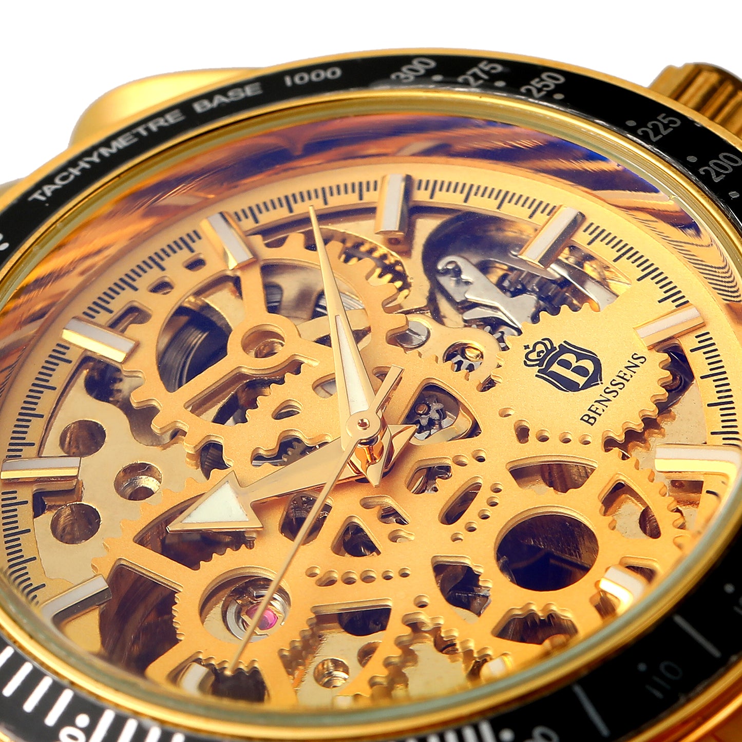 Luxe Heren Horloge Benssens goudkleurig Stainless Steel opwindbaar Skeleton met Glow in the dark wijzers in een prachtige geschenkdoosFlorence