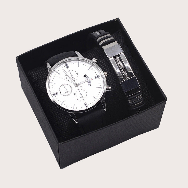 Heren Geschenkset Met Wit Stainless Steel Horloge En Leren Armband In Juweliersbox Type Diablo