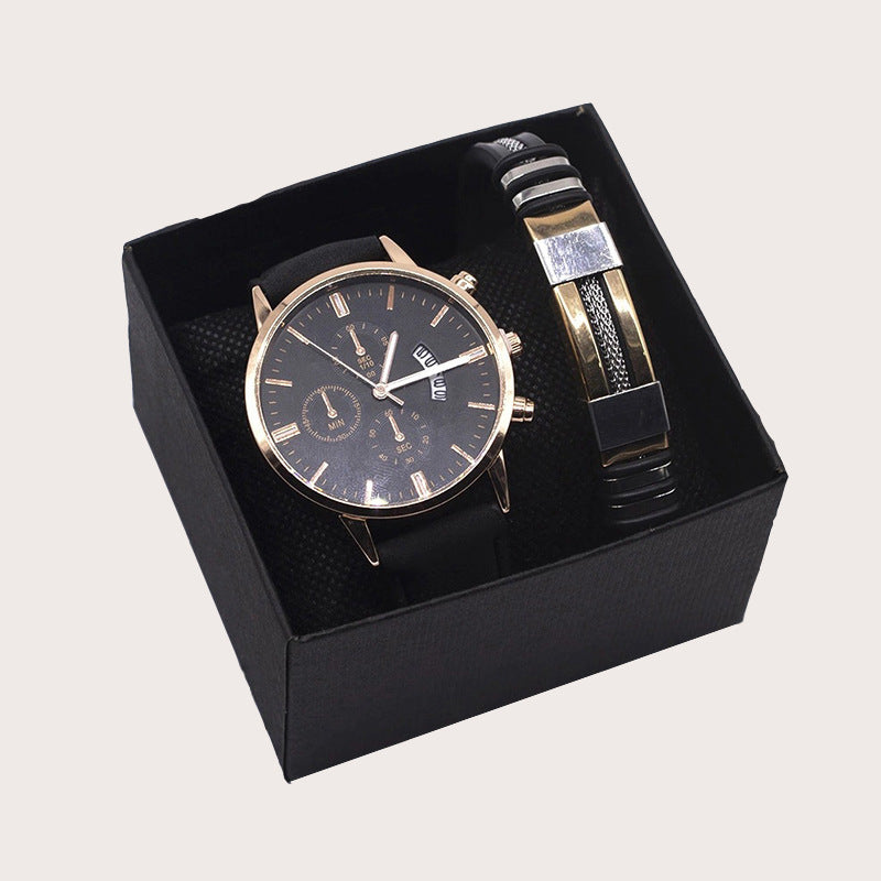 Rose Gouden Heren Sieraden Giftset - Stainless Steel Horloge en Armband, Lederen Band, Hoge Kwaliteit Legering, Tachometer, Datum Notatie