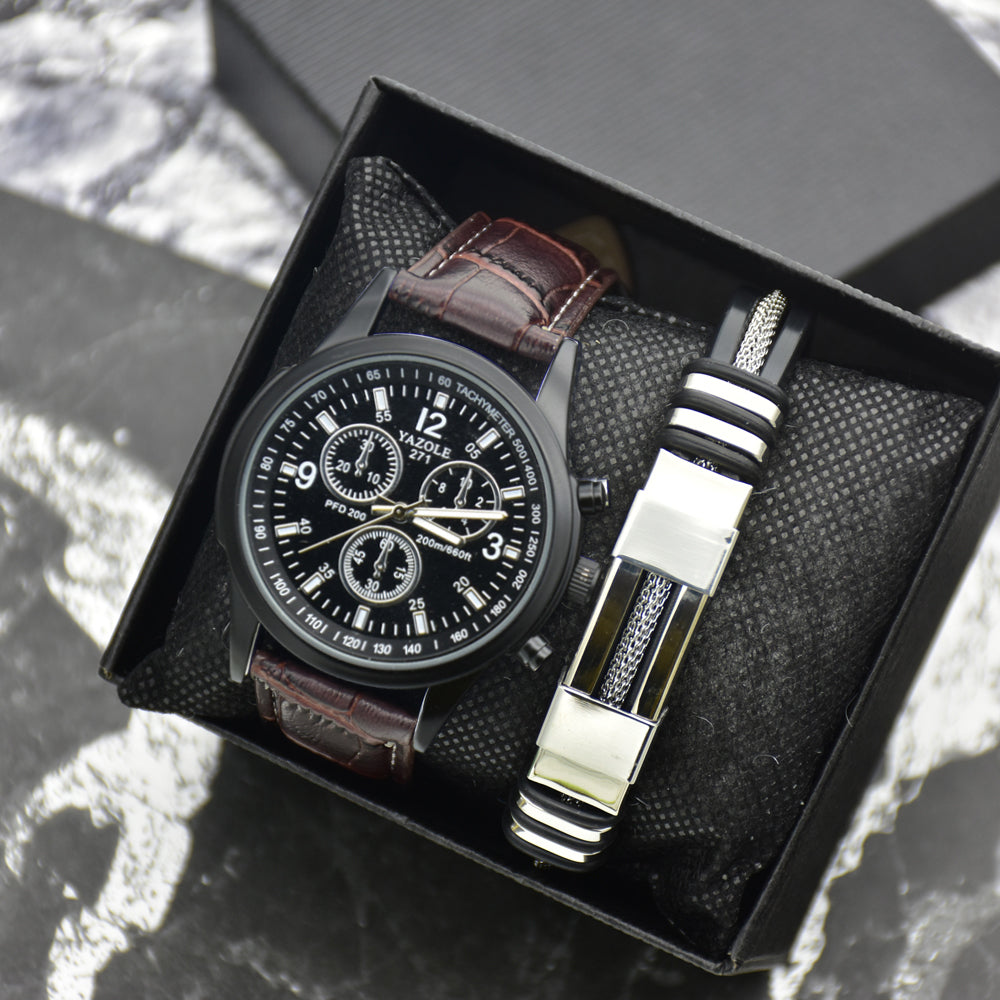 Heren Geschenkset Met Horloge en Armband In Juweliersbox Type Dylan Zwart Bruin
