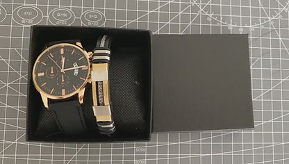 Rose Gouden Heren Sieraden Giftset - Stainless Steel Horloge en Armband, Lederen Band, Hoge Kwaliteit Legering, Tachometer, Datum Notatie - Inclusief Gratis Geschenkverpakking!