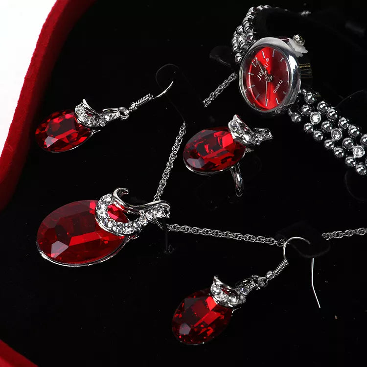 Romantische Dames Geschenkset Rood 4-Delig met Jesou Horloge Armband Halsketting Oorbellen in een Rood Hart met Spiegel