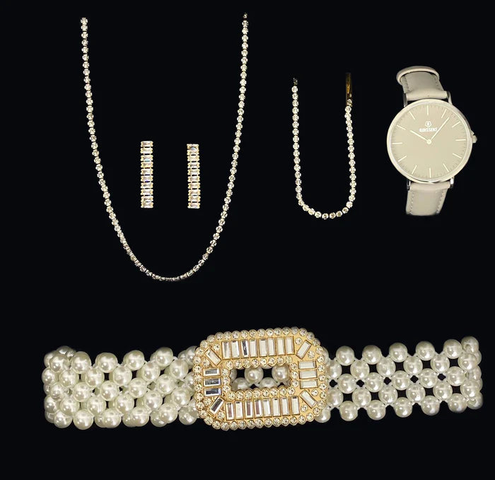 Sieraden Dames Geschenkset Benssens met Parel Taille Riem Armband Oorbellen Halsketting en Benssens Horloge Lara