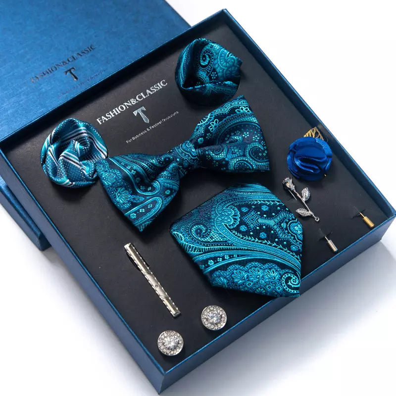 Heren Luxe Stropdas Accessoires Set 8-Delige Met o.a. Vlinderstrik Stropdas Kleur Blauw Met Motief in Geschenkdoos