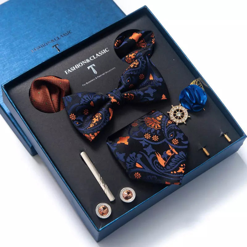 Heren Luxe Stropdas Accessoires Set 8-Delige Met o.a. Vlinderstrik Stropdas set Blauw Oranje in Geschenkdoos