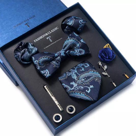 Heren Luxe Stropdas Accessoires Set 8-Delige Met o.a. Vlinderstrik Stropdas Kleur Donker Blauw in Geschenkdoos