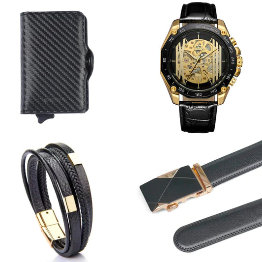 Heren Sieraden Geschenkset met Benssens Kaarthouder Armband Riem en Skeleton opwind Horloge Set Mano