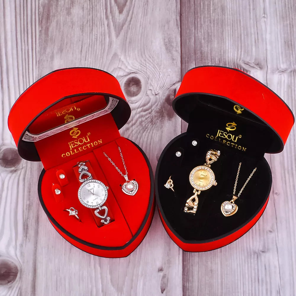 Sieraden Set dames 4-Delig Zilverkleurig Stainless Steel In Hartvormig Juweliersbox Met Horloge Halsketting Armband en Oorbellen van Jesou