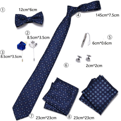 Heren Luxe Stropdas Accessoires Set 8-Delige Met o.a. Vlinderstrik Stropdas Kleur Donker Blauw in Geschenkdoos