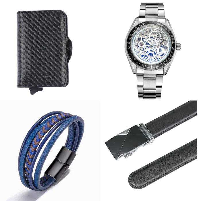 Prachtige Benssens Geschenkset Kay met Stainless Steel Horloge, Kaarthouder, Lederen Riem, Armband & Giftbox - Een Luxe Cadeau voor de Feestdagen!