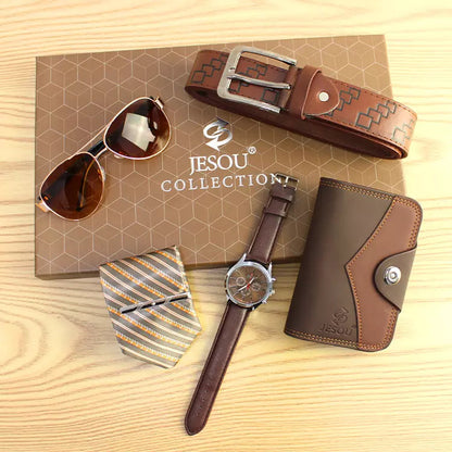 Luxe Heren Geschenkset luxe 12-delig met o.a. Zonnebril Portemonnee en Stropdas kleur Bruin in Geschenkverpakking