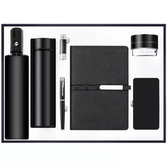 Luxe zakelijke Geschenkset Zwart 7-Delig Met Powerbank, Bluetooth Box, Pen, notitieboek, Thermoskan, Paraplu en USB Stick in Geschenkverpakking