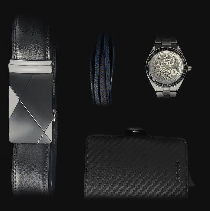 Prachtige Benssens Geschenkset met Stainless Steel Horloge, Kaarthouder, Lederen Riem, Armband & Giftbox - Een Luxe Cadeau voor de Feestdagen!