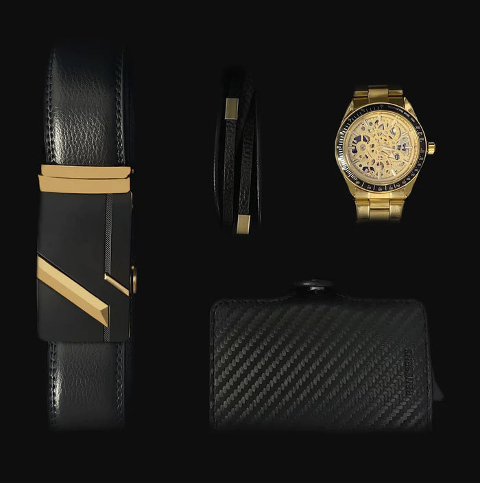 Heren Sieraden Geschenkset Zwart Goudkleurig Met Benssens Kaarthouder Armband Riem en Skeleton Opwind Horloge Box Michael