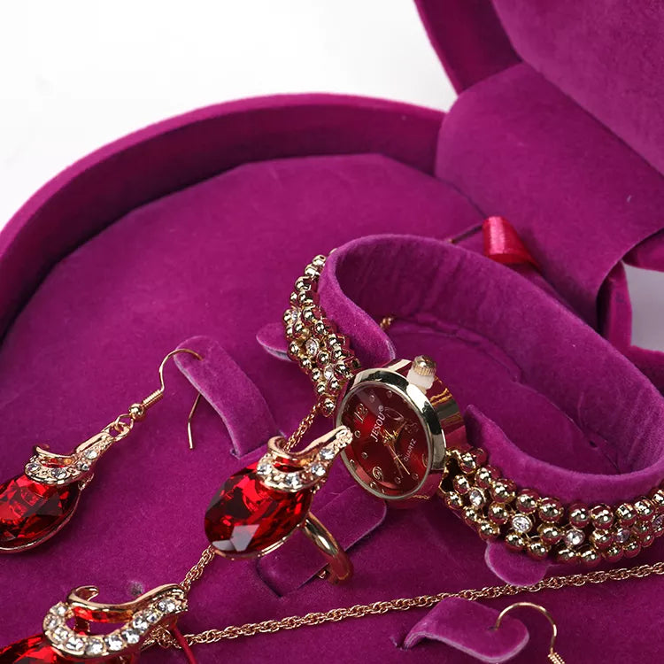 Romantische Dames Geschenkset Roze 4-Delig met Jesou Horloge Armband Halsketting Oorbellen in een Roze Hart met Spiegel